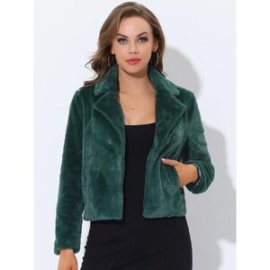 BLANKNYC Soft Girl Mob Wife Green Notch Lapel Faux Fur Fluffy Cropped Jacket  XS